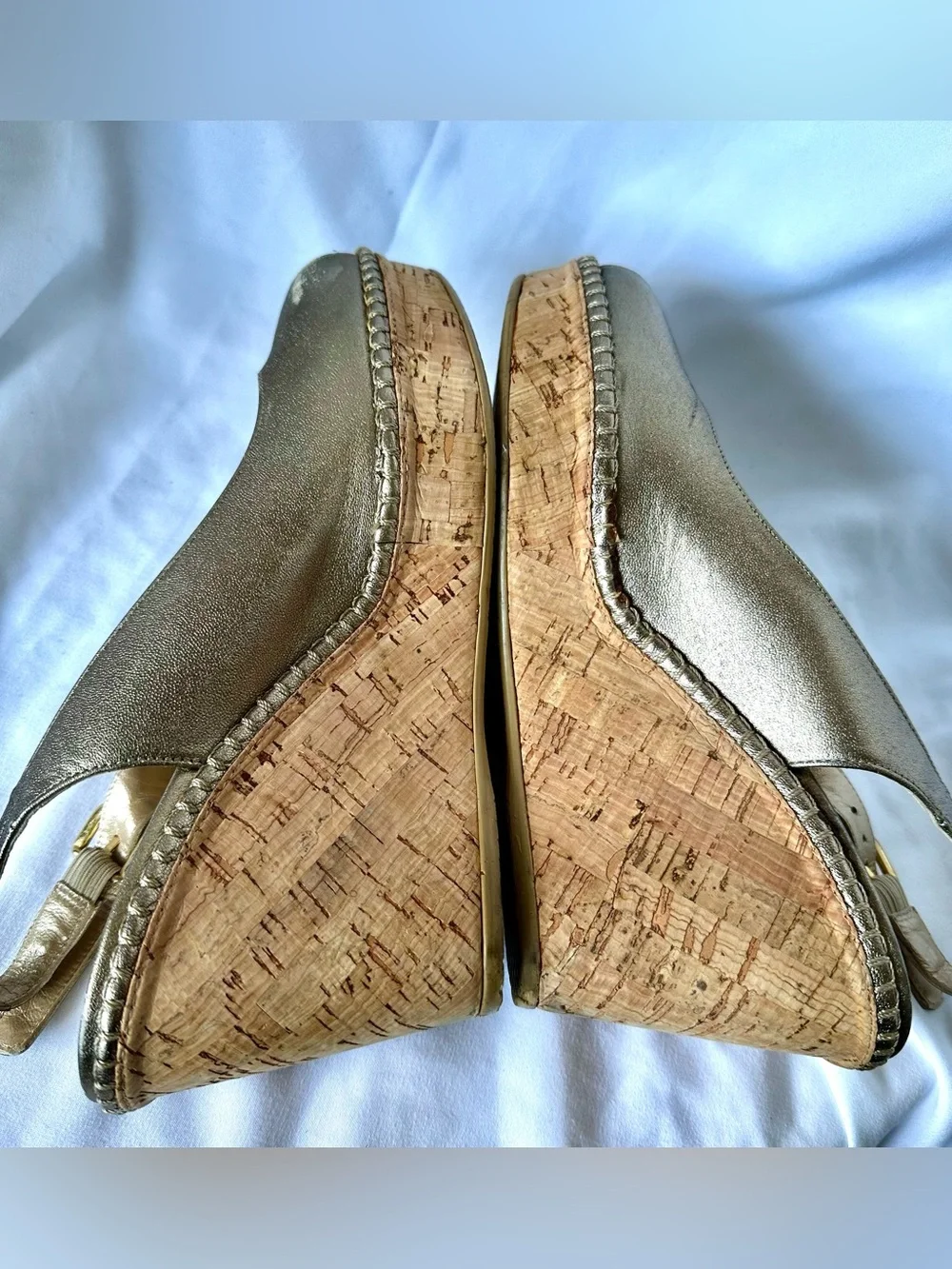 Stuart Weitzman Metallic Gold Peep-Toe Slingback Wedges - Picture 9 of 9